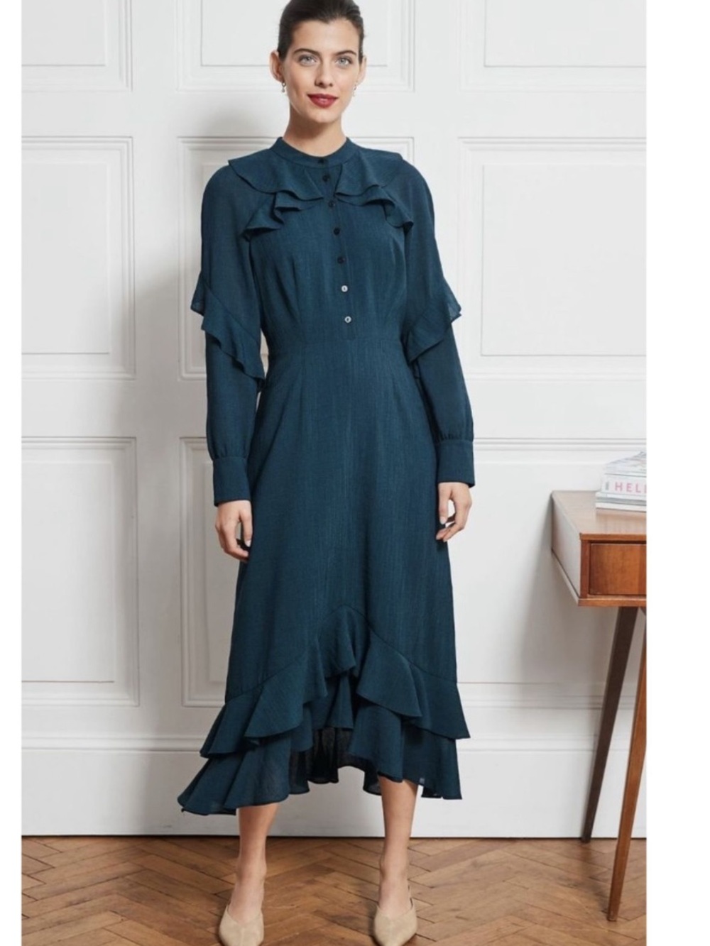 NEW Cefinn Mock Neck Ruffle Midi Dress in Deep Blue, Size 8